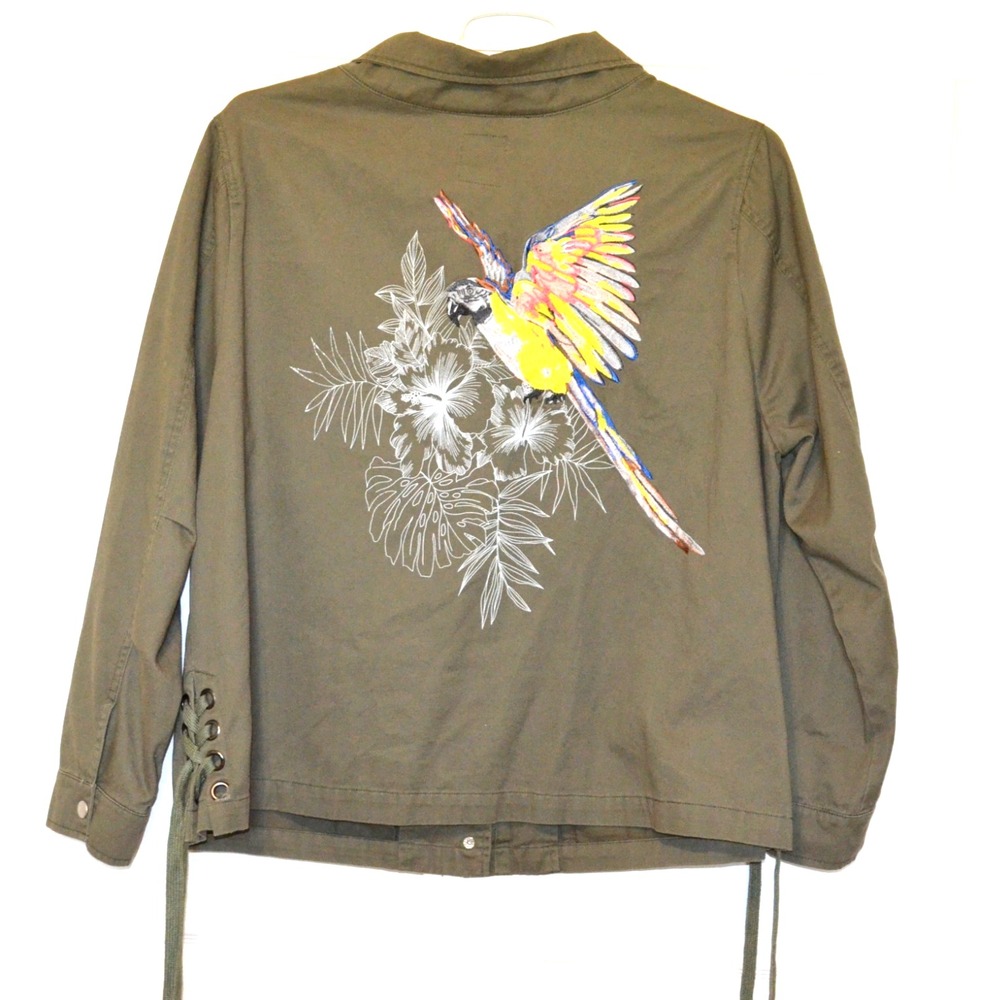 DEX Jacket Women's 2X Embroidered Parrot on‎ Back Boho Outerwear OD Green